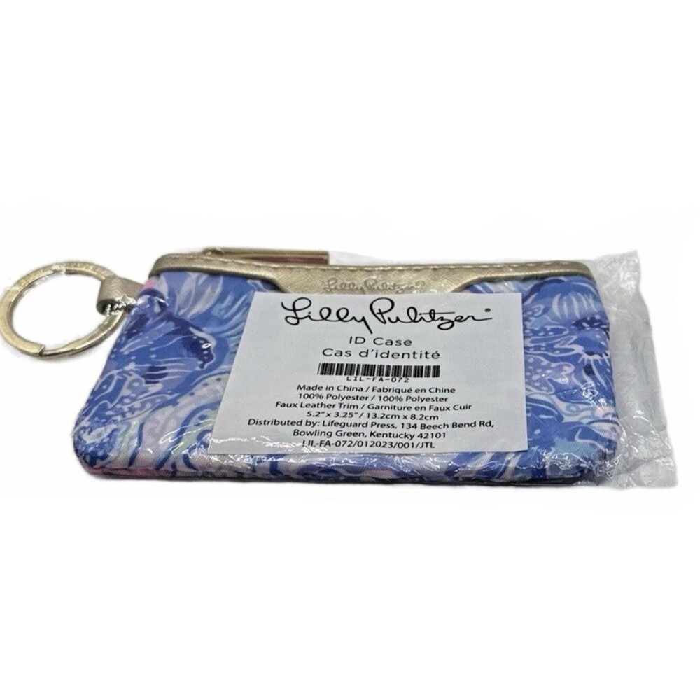 ID Case Key Chain Wallet Lilly Pulitzer Blue Pink Floral Gold Zipper